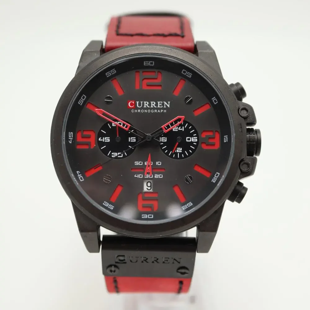 Curren Black Red Jumbo 48mm Chronograph Watch Genuine Leather w New Battery